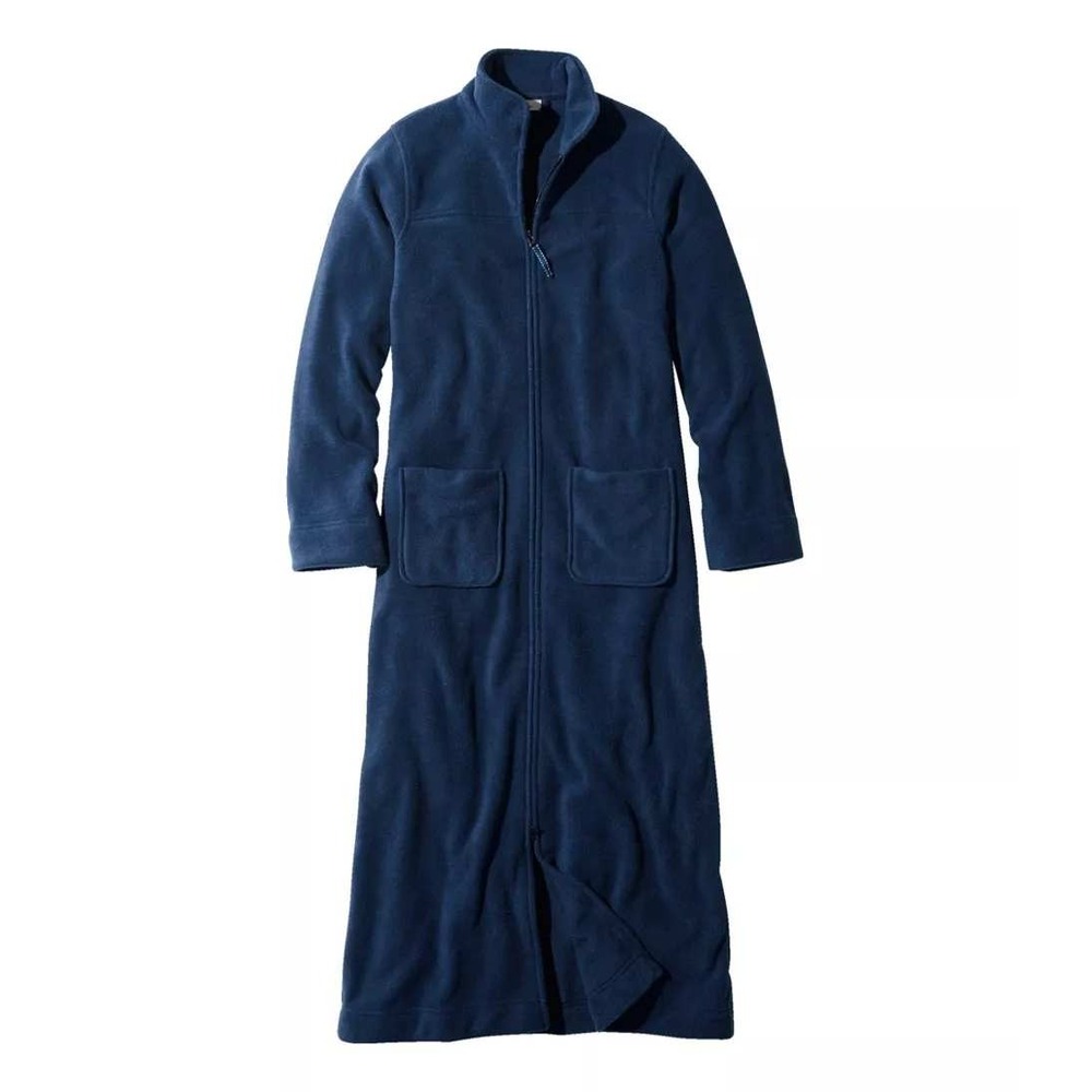 LL Bean Fleece Robe Womens L Navy Full Zip Mock Neck Long Sleeve Cozy Loungewear